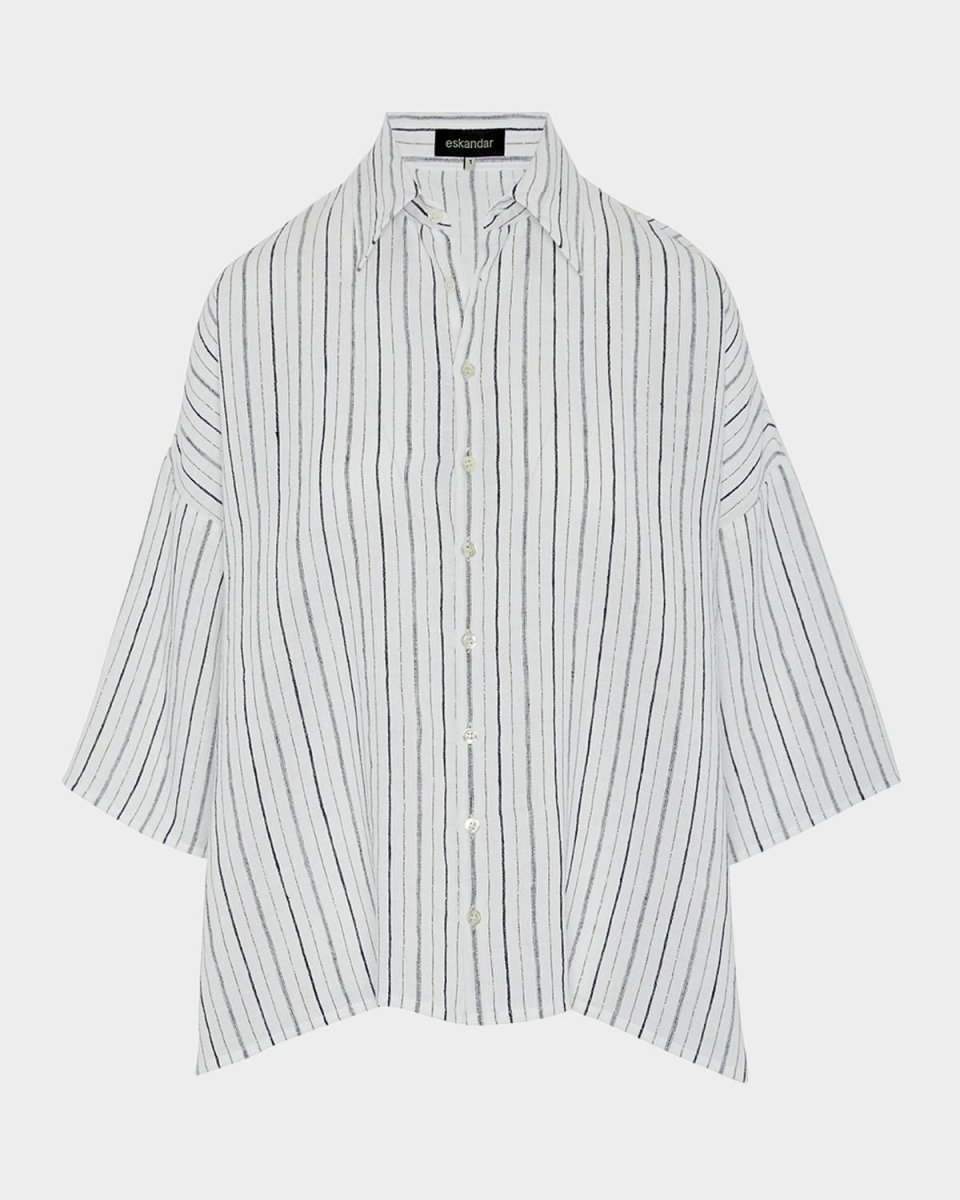Sloped Shoulder Wide A-Line Short-Sleeve Shirt With Collar (Mid Length)